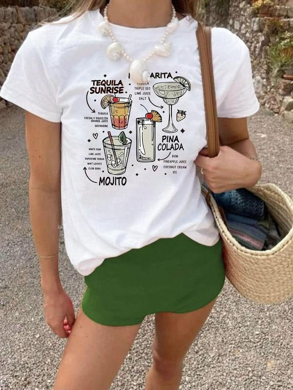 Women'WB shield Tequila Cocktail Print Round Neck Tee, Casual Short Sleeve T-shirt for Summer, Ladies TNF for Daily Wear,...