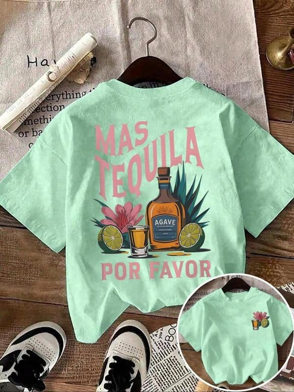 Women'WB shield Tequila Drink Print Round Neck Tee, Vintage Trendy Casual Crew Neck Short Sleeve T-shirt for Daily Wear,...