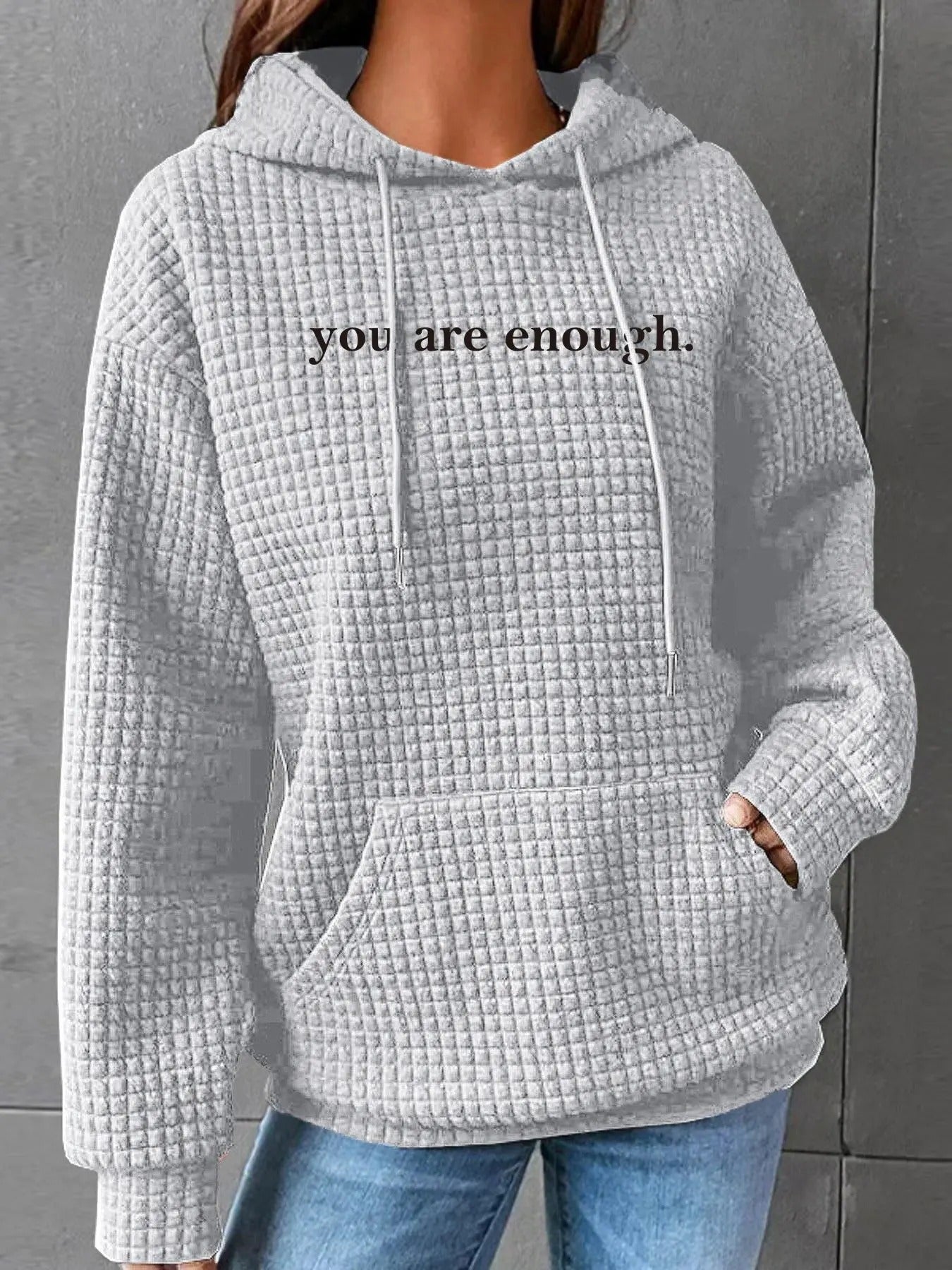 Women'WB shield Textured Drop Shoulder Drawstring Hoodie, Casual Slogan Print Pocket Hooded Sweatshirt for Daily Holiday...