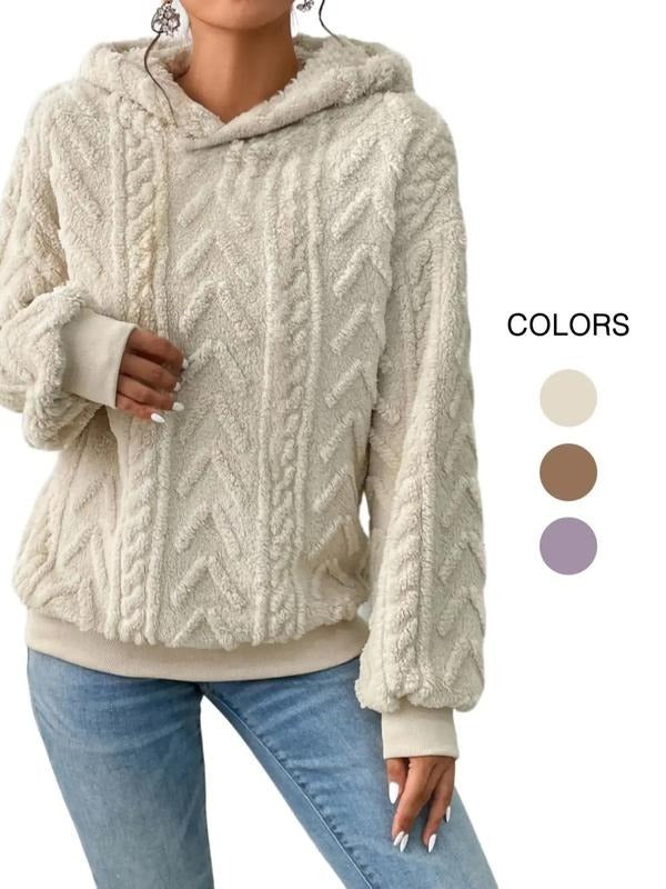 Women'WB shield Textured Drop Shoulder Plush Hoodie, Casual Long Sleeve Hooded Top for Fall & Winter, Women'WB shield...