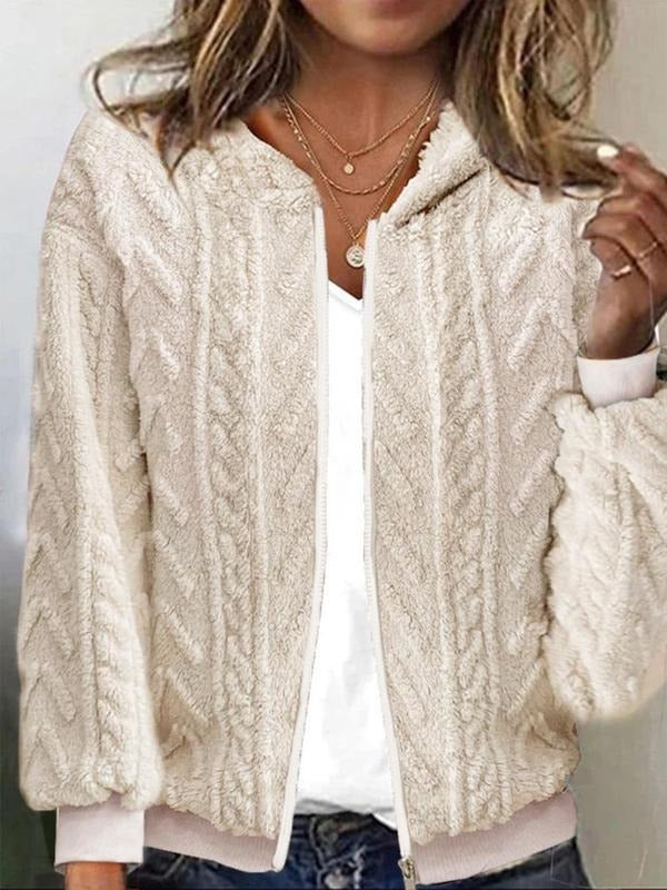 Women'WB shield Textured Zip Up Plush Hoodie, Casual Long Sleeve Hooded Outerwear For Fall & Winter, Fashion Cozy Warm...