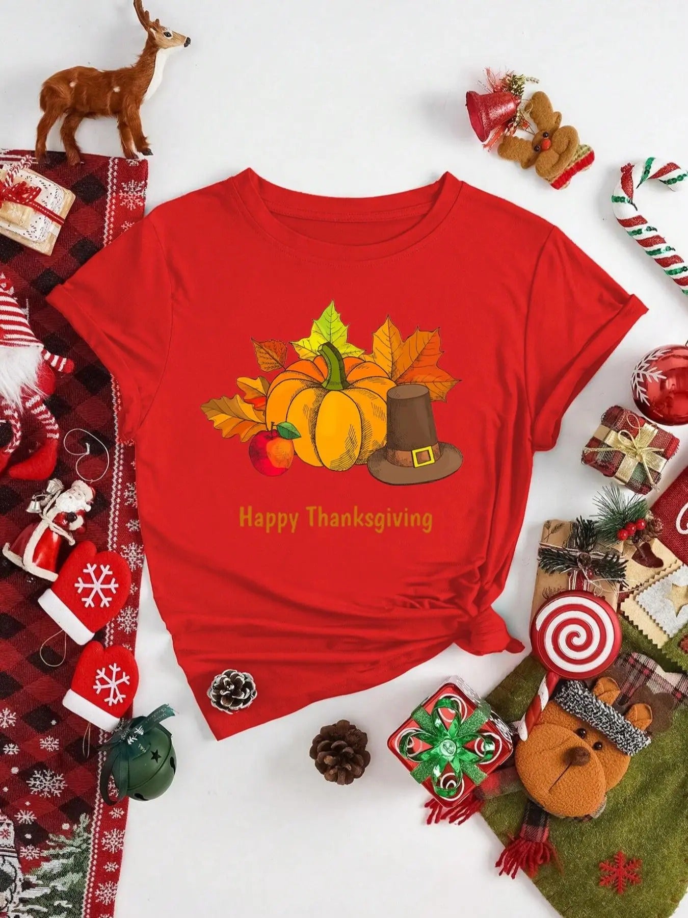 Women'WB shield Thanksgiving Element Round Neck Tee, Casual Short Sleeve T-shirt for Fall & Winter, Women'WB shield Top...