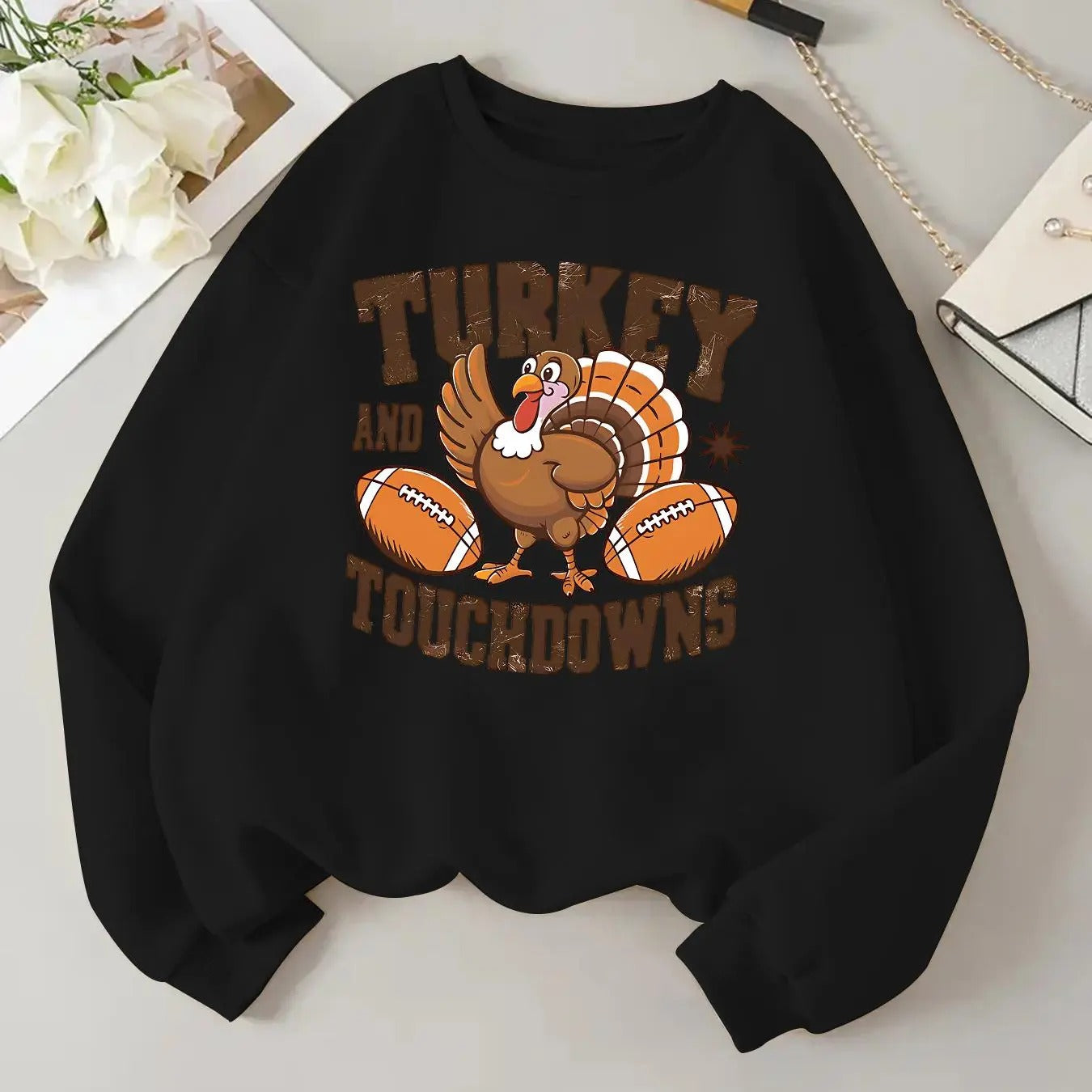Women'WB shield Thanksgiving Turkey & Letter Print Crew Neck Sweatshirt, Casual Long Sleeve Pullover for Fall & Winter,...