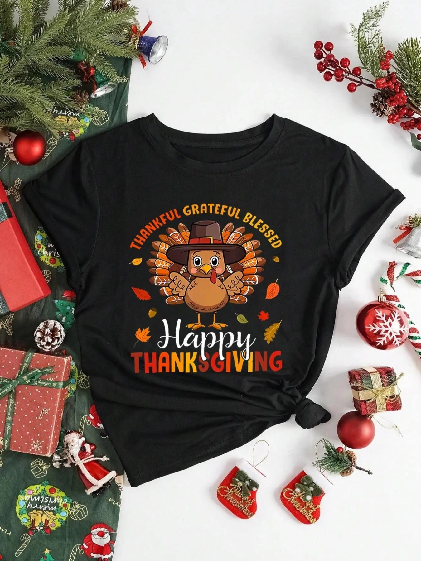 Women'WB shield Thanksgiving Turkey Print Round Neck Tee, Casual Short Sleeve Crew Neck T-Shirt for Spring & Summer,...
