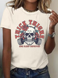 Women'WB shield Thick Thighs Skull Print Round Neck Tee, Fashion Casual Crew Neck T-Shirt for Daily Holiday Vacation...