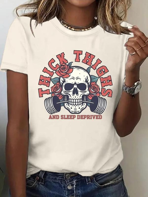 Women'WB shield Thick Thighs Skull Print Round Neck Tee, Fashion Casual Crew Neck T-Shirt for Daily Holiday Vacation...