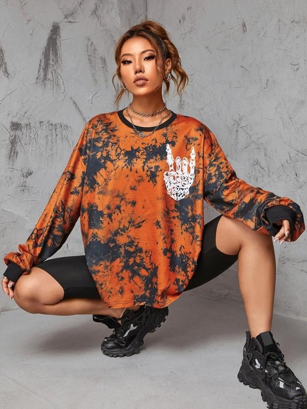 Women'WB shield Tie Dye Print Drop Shoulder Sweatshirt, Casual Long Sleeve Round Neck Pullover For Daily Outdoor Street...