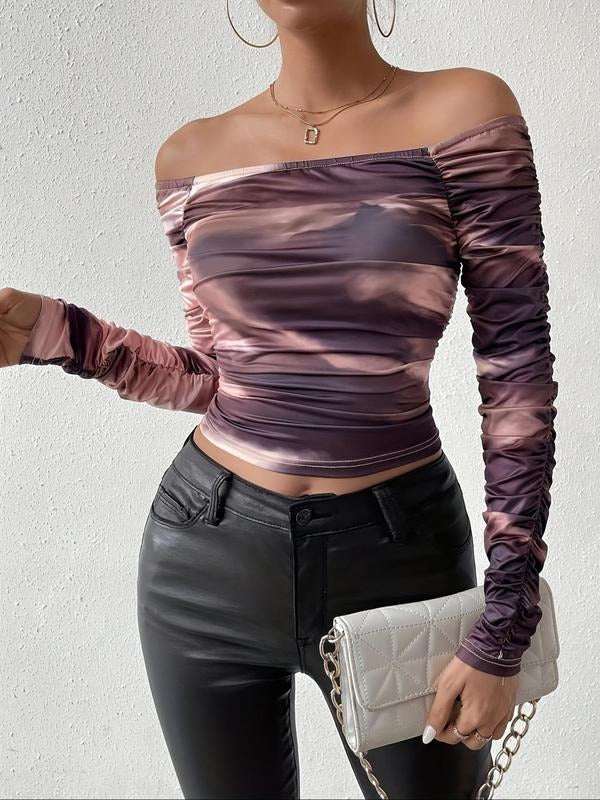 Women'WB shield Tie Dye Print FOG Shoulder Crop Tee, Casual Ruched Long Sleeve T-shirt for Daily Wear, Ladies TNF for...