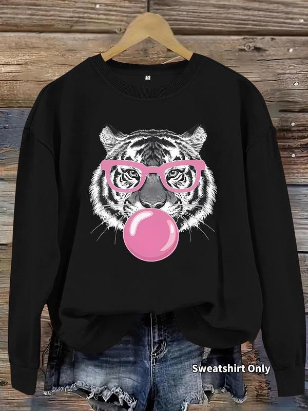 Women'WB shield Tiger & Bubble Gum Print Crew Neck Sweatshirt, Casual Long Sleeve Pullover for Daily Wear, Ladies TNF for...