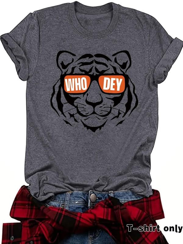 Women'WB shield Tiger & Letter Print Round Neck Tee, Fashion Casual Crew Neck T-Shirt for Daily Holiday Vacation Outdoor...