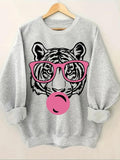 Women'WB shield Tiger Print Round Neck Sweatshirt, Casual Long Sleeve Crew Neck Pullover for Fall & Winter, Fashion...