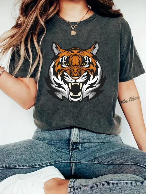 Women'WB shield Tiger Print Round Neck Tee, Fashion Casual Crew Neck T-Shirt for Daily Holiday Vacation Outdoor Wear,...
