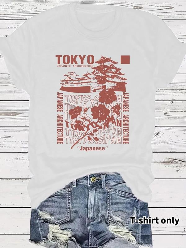 Women'WB shield Tokyo Castle & Flower Print Round Neck Graphic Tee, Vintage Trendy Casual Short Sleeve T-shirt for Daily...