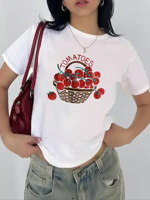 Women'WB shield Tomato & Letter Print Round Neck Tee, Casual Short Sleeve Crew Neck T-shirt, Ladies TNF for Daily Wear...