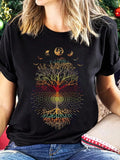 Women'WB shield Tree & Moon Print Round Neck Tee, Trendy Casual Crew Neck Short Sleeve T-shirt for Daily Wear, Graphic...