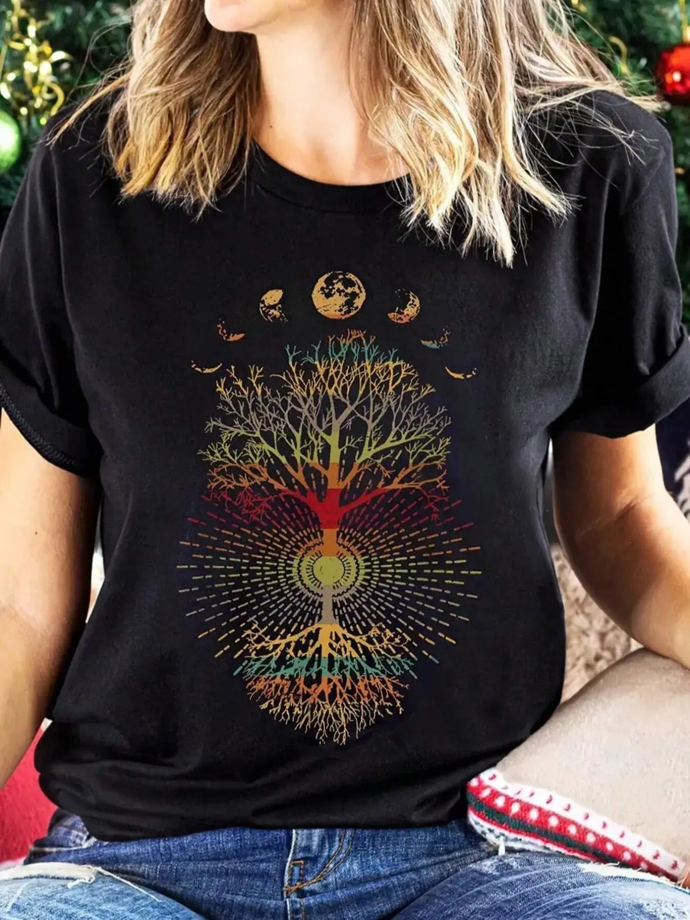 Women'WB shield Tree & Moon Print Round Neck Tee, Trendy Casual Crew Neck Short Sleeve T-shirt for Daily Wear, Graphic...