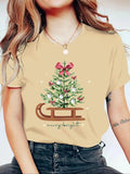 Women'WB shield Tree & Sled Print Round Neck Tee, Casual Short Sleeve Crew Neck T-shirt for Daily Holiday Vacation...