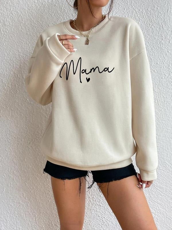 Women'WB shield Trendy Heart & Letter "mama" Print Sweatshirt, Graphic Long Sleeve Round Neck Pullover for Fall & Winter,...