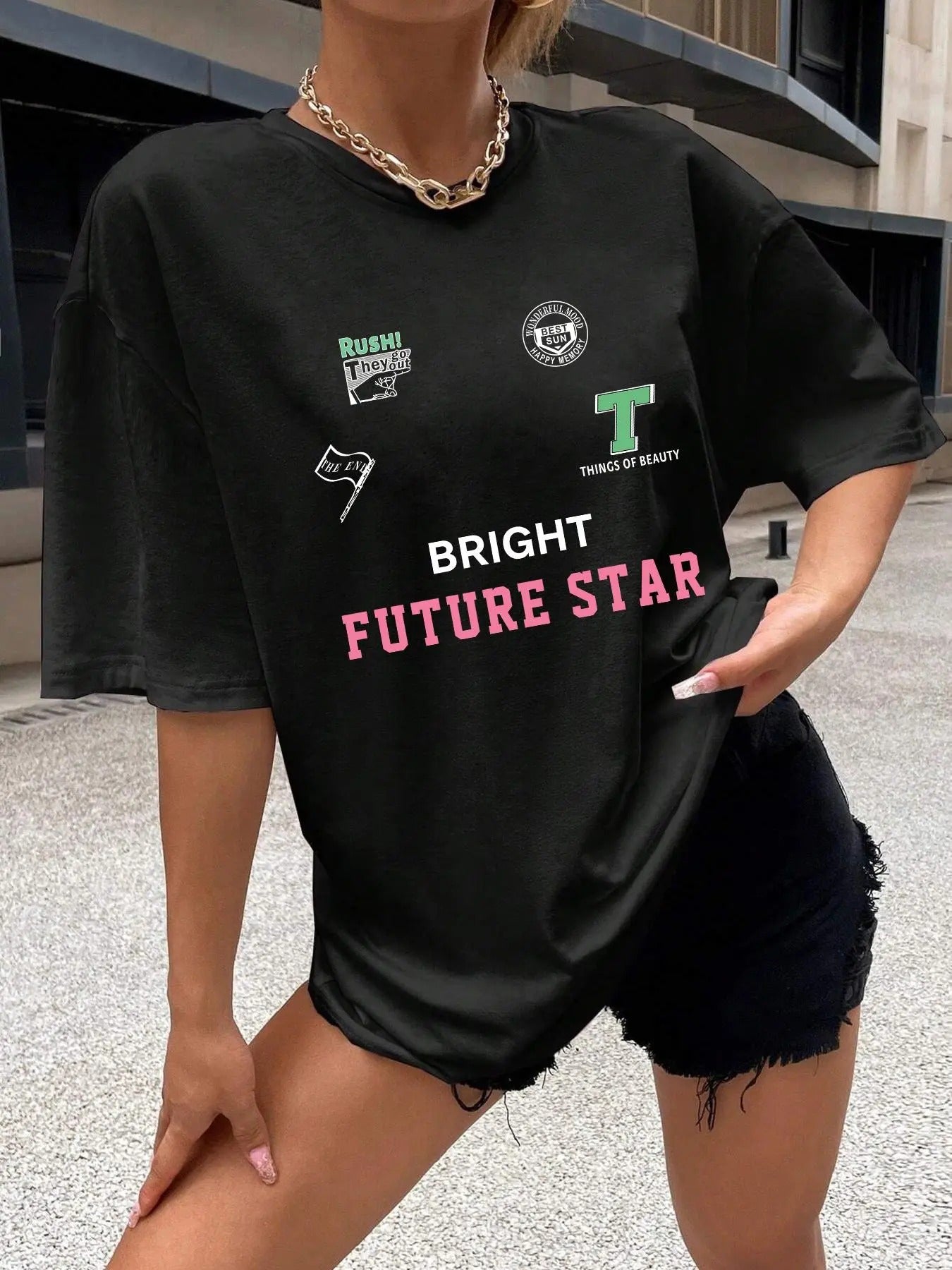 Women'WB shield Trendy Letter Graphic Round Neck Tee, Summer TNF Women, Casual Drop Shoulder Short Sleeve T-shirt For...
