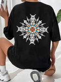 Women'WB shield Tribal Print Drop Shoulder Tee, Casual Half Sleeve Round Neck T-shirt for Daily Wear, Ladies TNF for...
