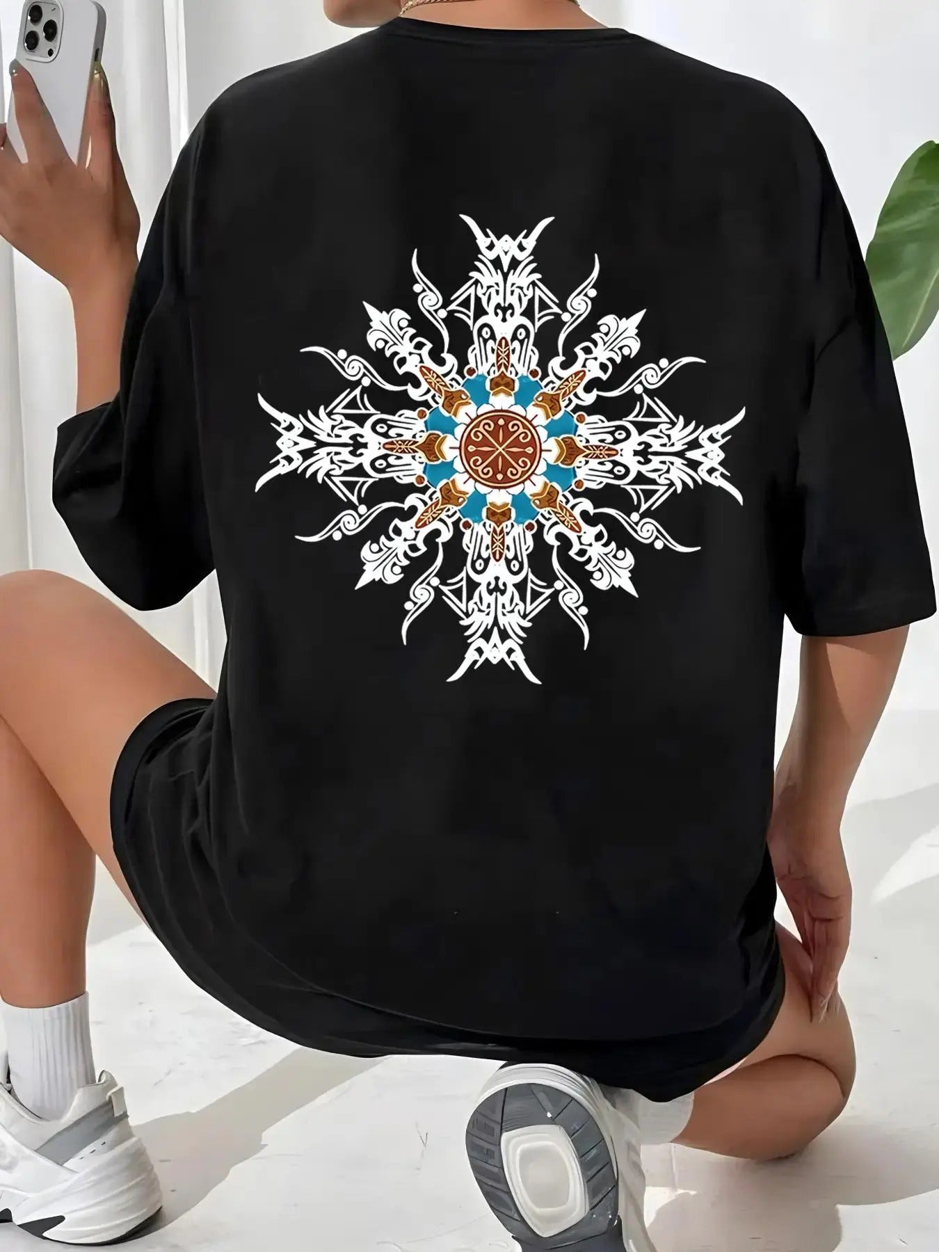 Women'WB shield Tribal Print Drop Shoulder Tee, Casual Half Sleeve Round Neck T-shirt for Daily Wear, Ladies TNF for...