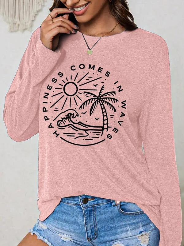 Women'WB shield Tropical & Letter Print Drop Shoulder Graphic Tee, Casual Long Sleeve Round Neck T-shirt for Daily Wear,...