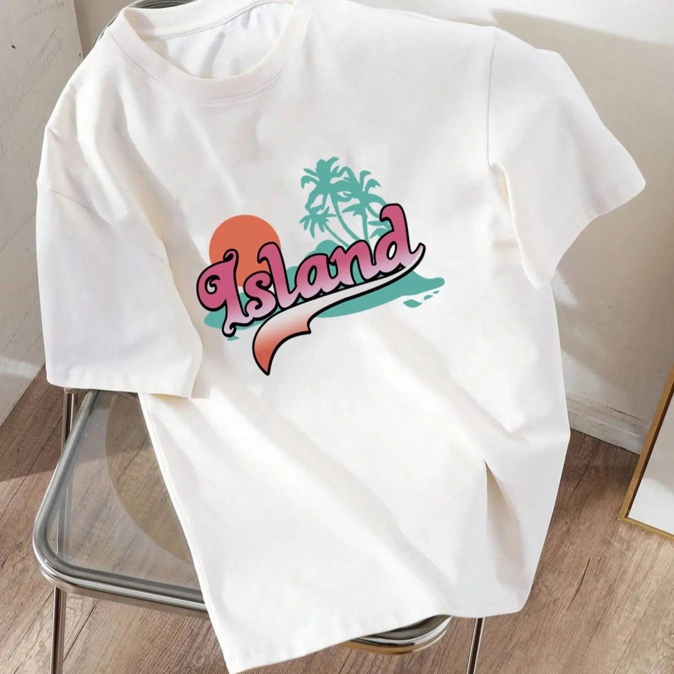 Women'WB shield Tropical & Letter Print Drop Shoulder Tee, Casual Short Sleeve Round Neck T-Shirt for Daily Wear,...