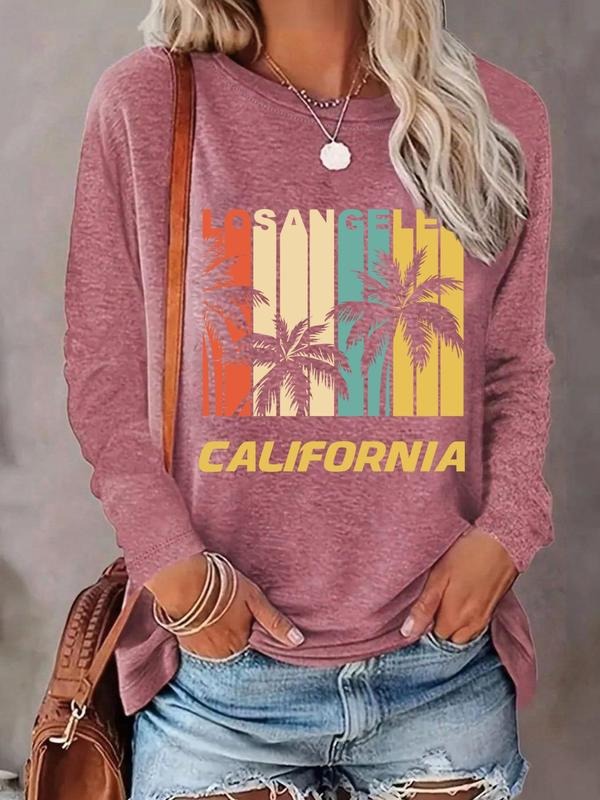 Women'WB shield Tropical & Letter Print Round Neck Graphic Tee, Vintage Trendy Casual Long Sleeve T-shirt for Daily Wear,...