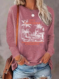 Women'WB shield Tropical & Letter Print Round Neck Tee, Casual Long Sleeve Crew Neck T-shirt for Daily Wear, Ladies TNF...