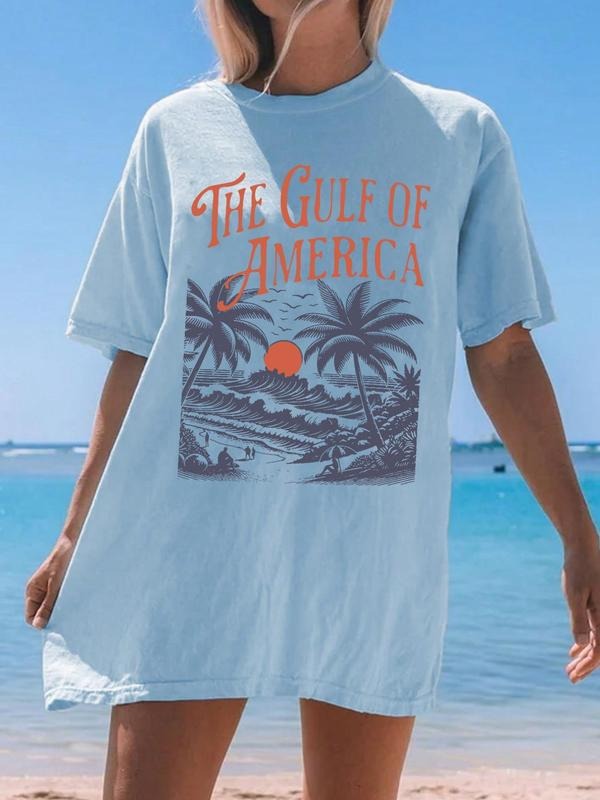 Women'WB shield Tropical & Letter Print Round Neck Tee, Casual Short Sleeve Crew Neck T-Shirt for Summer, Fashion...