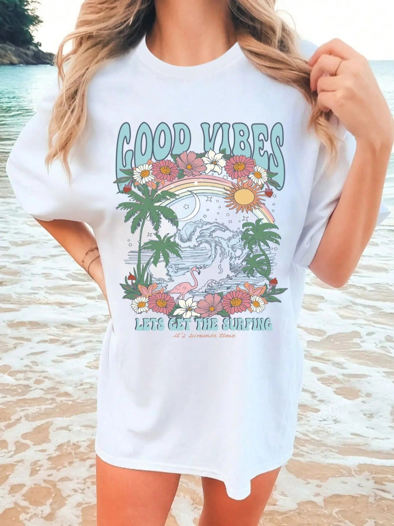 Women'WB shield Tropical Graphic Print Round Neck Tee, Fashion Casual Drop Shoulder Half Sleeve T-shirt for Daily Wear,...