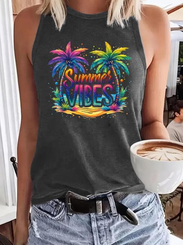 Women'WB shield Tropical Print Round Neck Tank Top, Casual Sleeveless Top for Summer, Ladies TNF for Beach Vacation,...