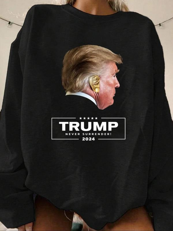 Women'WB shield Trump Letter Print Round Neck Sweatshirt, Casual Long Sleeve Crew Neck Pullover for Fall & Winter,...