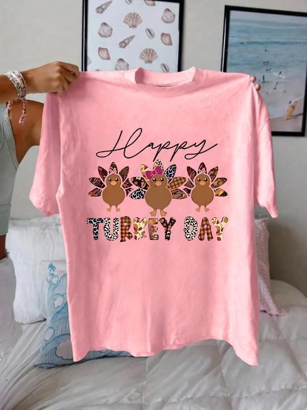 Women'WB shield Turkey & Letter Print Round Neck Tee, Fashion Casual Drop Shoulder Short Sleeve T-shirt for Daily Wear,...