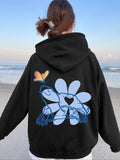 Women'WB shield Turtle & Flower & Butterfly Print Drawstring Hoodie, Casual Long Sleeve Hooded Sweatshirt for Daily Wear,...