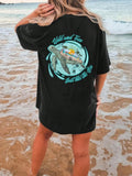Women'WB shield Turtle & Letter Print Drop Shoulder Tee, Casual Half Sleeve Round Neck T-shirt for Beach Vacation...