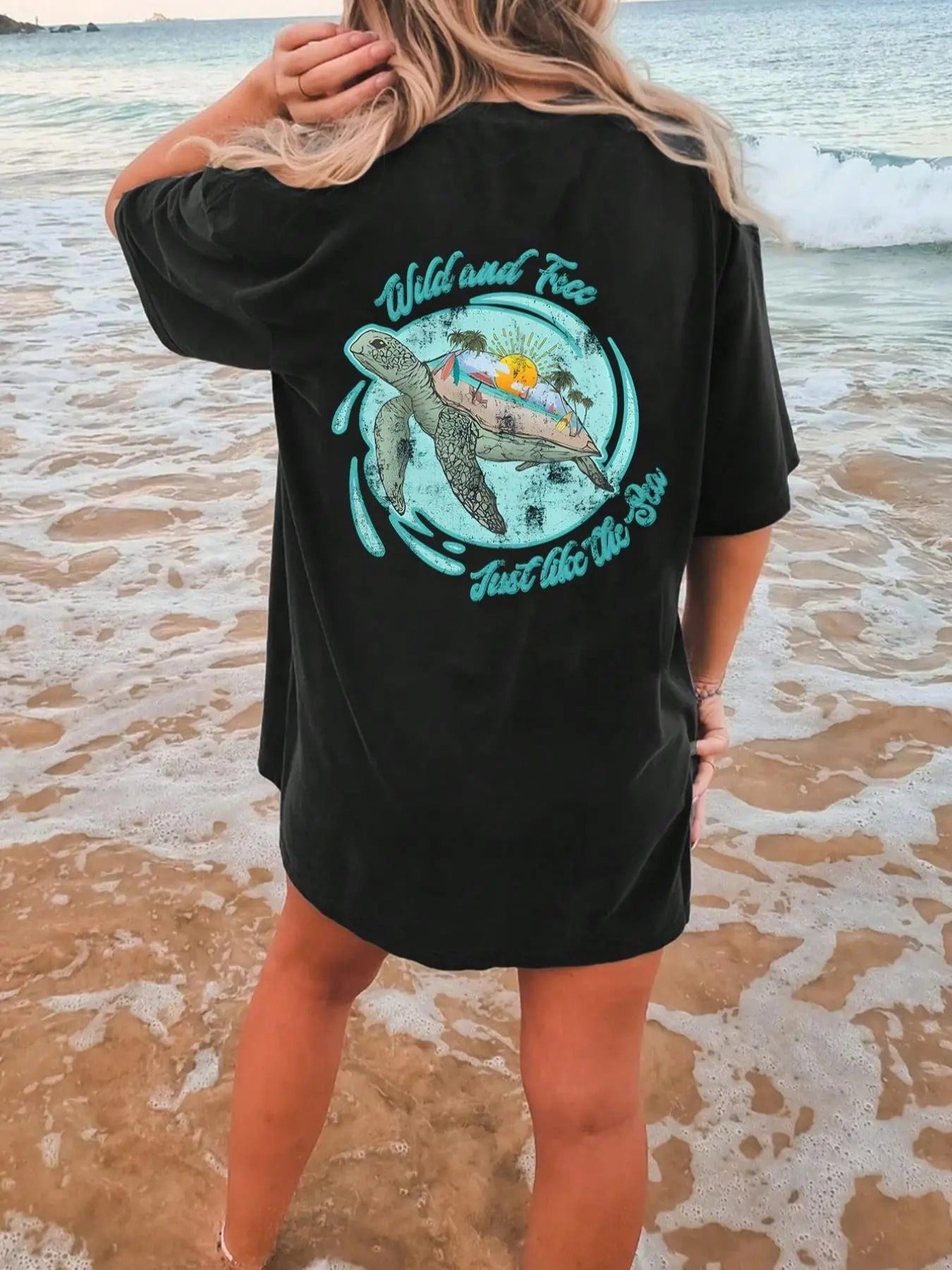 Women'WB shield Turtle & Letter Print Drop Shoulder Tee, Casual Half Sleeve Round Neck T-shirt for Beach Vacation...