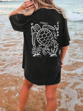 Women'WB shield Turtle & Plants Print Drop Shoulder Tee, Casual Half Sleeve Round Neck T-shirt for Summer, Ladies TNF for...