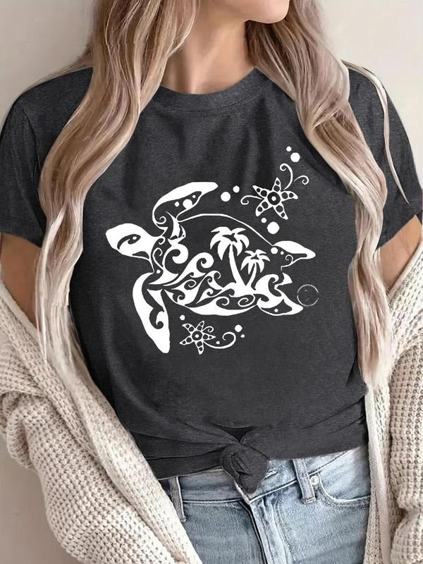 Women'WB shield Turtle & Wave Print Round Neck Tee, Casual Short Sleeve Crew Neck T-Shirt for Summer, Fashion Women'WB...