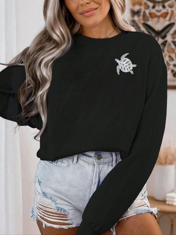 Women'WB shield Turtle Print Drop Shoulder Pullover, Casual Long Sleeve Round Neck Sweatshirt for Fall & Winter, Ladies...