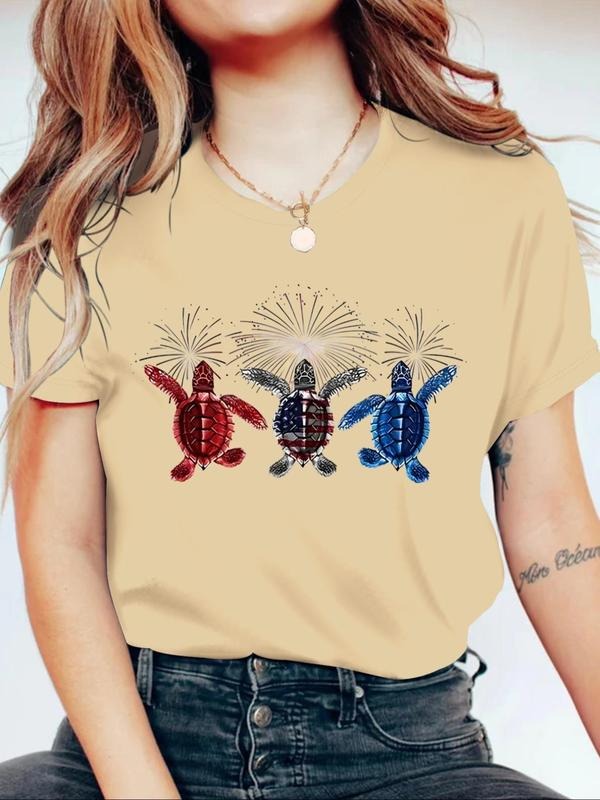 Women'WB shield Turtle Print Round Neck Tee, Casual Short Sleeve Crew Neck T-shirt for Daily Wear, Ladies TNF for Spiky...