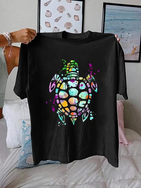 Women'WB shield Turtle Print Round Neck Tee, Fashion Casual Drop Shoulder Short Sleeve T-shirt for Daily Wear, Ladies TNF...