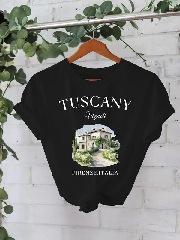 Women'WB shield Tuscany House Print Round Neck Tee, Fashion Casual Crew Neck T-Shirt for Daily Holiday Vacation Outdoor...