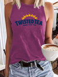 Women'WB shield Twisted Tea Letter & Sun Print Round Neck Tank Top, Casual Sleeveless Top for Summer, Ladies TNF for...