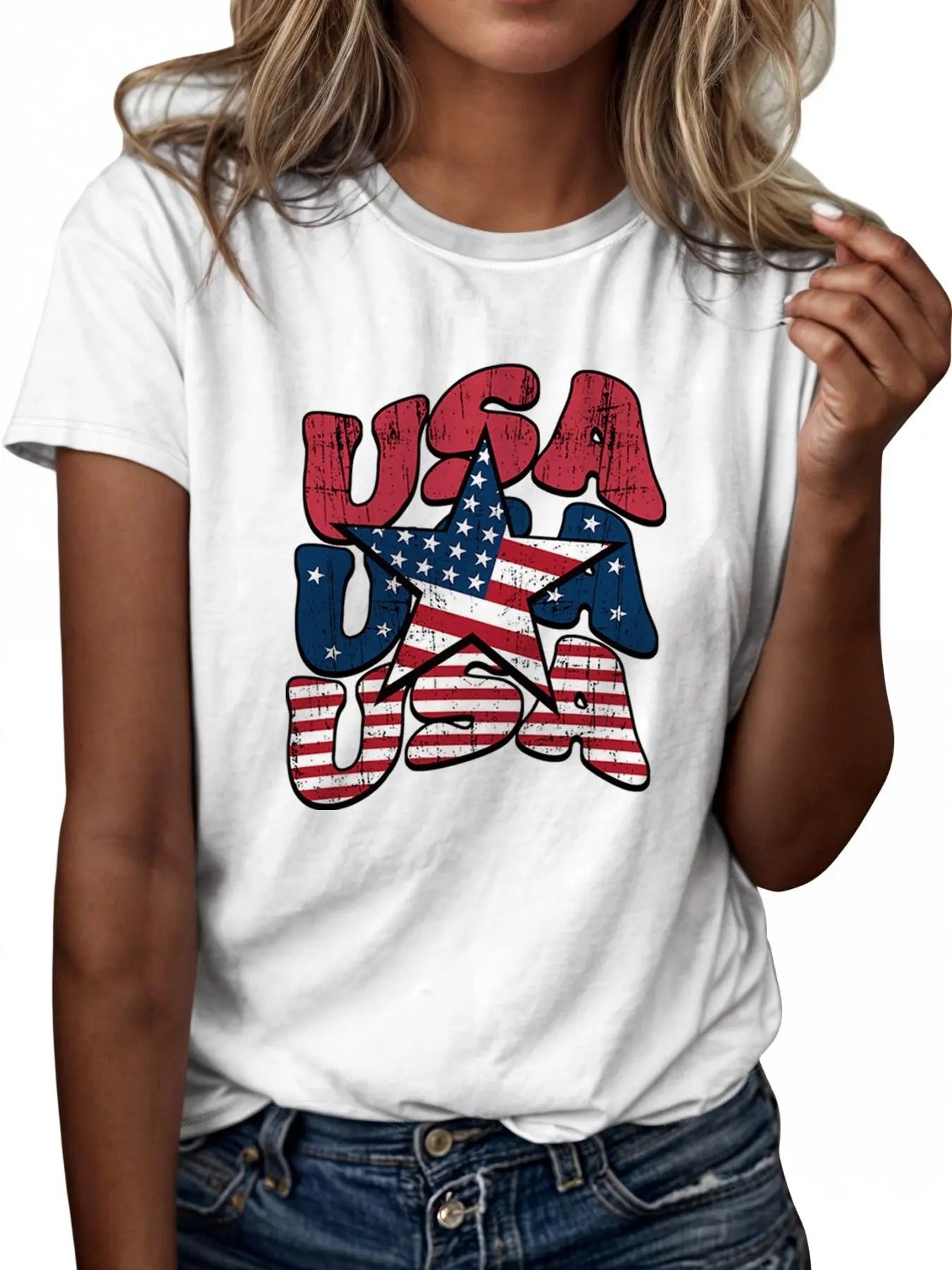 Women'WB shield USA Graphic Print Round Neck Tee, Fashion Casual Short Sleeve T-shirt, Ladies Summer TNF for Daily Wear...