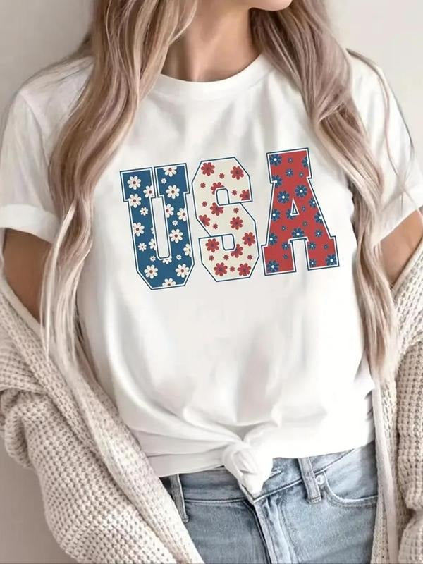 Women'WB shield USA Letter Print Round Neck Tee, Casual Short Sleeve Crew Neck T-Shirt for Summer, Fashion Women'WB...