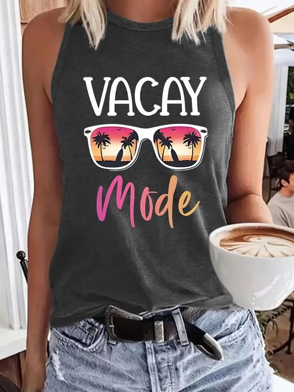 Women'WB shield Vacay Mode Letter Print Round Neck Tank Top, Casual Sleeveless Top for Summer, Ladies TNF for Vacation...