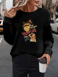 Women'WB shield Vampire Cat & Letter Print Drop Shoulder Sweatshirt, Casual Long Sleeve Round Neck Pullover for Fall &...