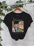 Women'WB shield Venice City Print Round Neck Tee, Fashion Casual Short Sleeve T-shirt, Ladies Summer TNF for Daily Wear,...