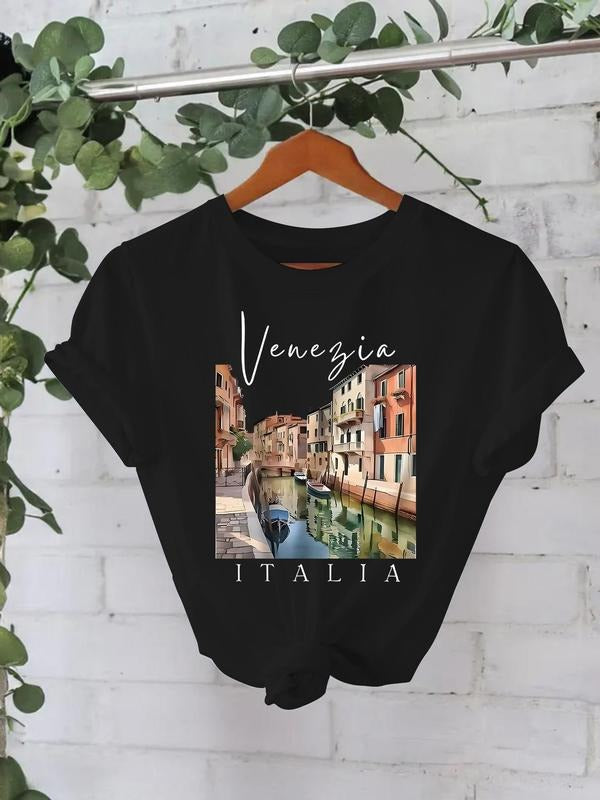 Women'WB shield Venice City Print Round Neck Tee, Fashion Casual Short Sleeve T-shirt, Ladies Summer TNF for Daily Wear,...